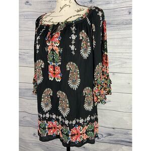 Bila Paisley Top Women S Bell 3/4 Sleeve Ruffle Scoop Tie Tassel Neck Boho Rayon